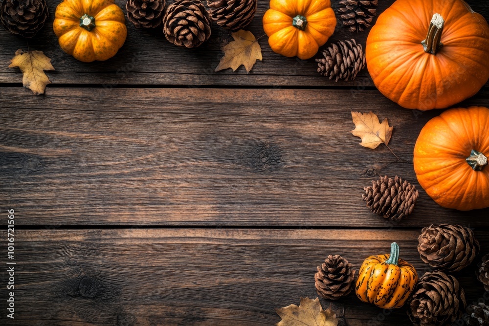 Sticker Overhead view of an autumn side border of pumpkins and natural fall decor.