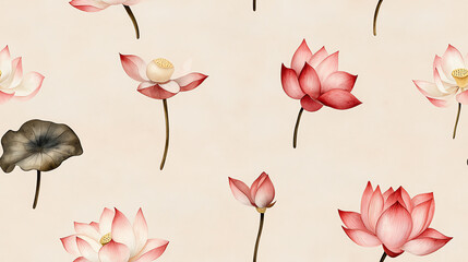 Obraz premium Beautiful floral pattern featuring various lotus flowers on a soft background, perfect for wallpaper, fabric, or decor.
