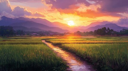 Obraz premium Stunning Sunset Over Lush Rice Fields with Mountains and Stream. AI generated illustration