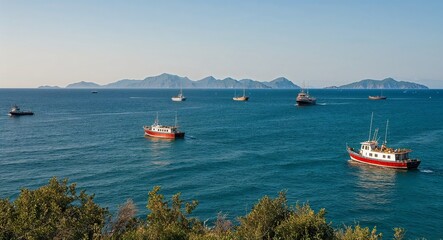 Fototapeta premium Ocean horizon with boats and distant islands background