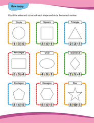 Counting sides and corners of 2D shapes worksheet. geometry. kindergarten