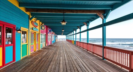 Oceanfront pier with wooden planks and colorful shops