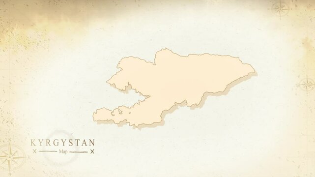 Kyrgyzstan vintage-style map with aged parchment texture on beige background. Perfect for geography, travel, history, central asia and decorative design projects. High quality 4K video.