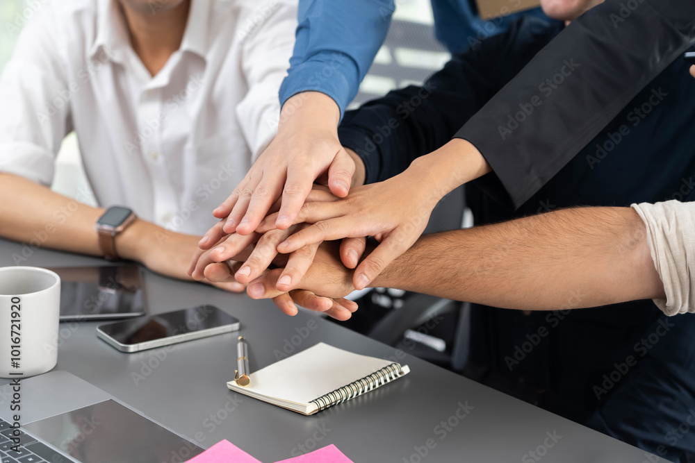 Aufkleber group of diverse office worker join hand together in office room symbolize business synergy and stro