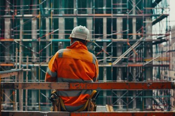 Fototapeta premium Worker working in front of the construction building adult architecture development.
