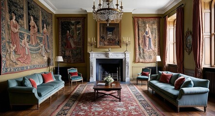 Renaissance era drawing room with grand fireplace and tapestries
