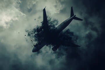 A dark, dramatic image of an airplane surrounded by swirling debris against a stormy sky, evoking a sense of chaos and danger.