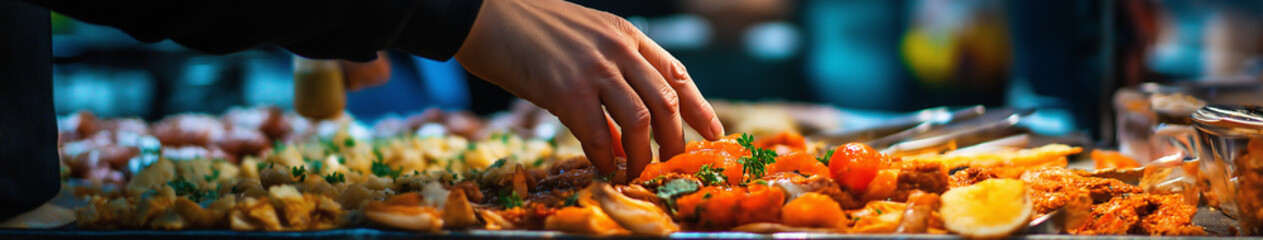 Tapas Selection: A Person Carefully Chooses Fresh Seafood and Vegetables from a Vibrant Market Display, Preparing to Create a Colorful Spread of Tapas for the Evening's Culinary Delights!