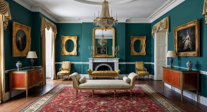 Regency era parlor with gilded frames and chaise longue