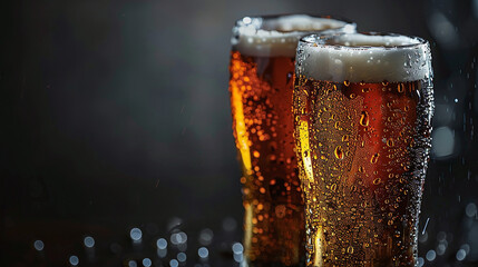 Close-up of two beer glasses toasting, empty black background with copy space, banner concept, place for text or product, logo