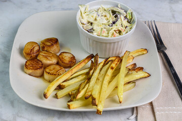 pan sheared  scallops  with home made french fries