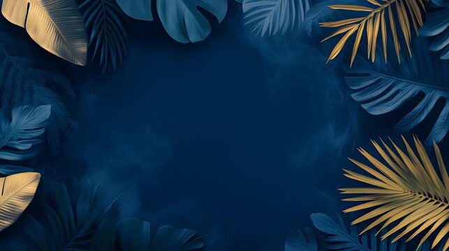 A dark blue background framed by lush tropical leaves creates a vibrant, nature-inspired aesthetic perfect for design projects.