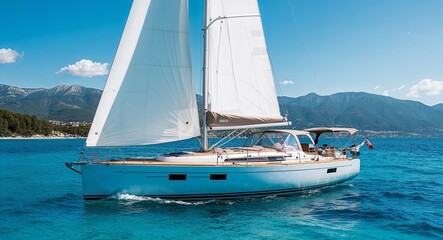 Obraz premium Sailing boat on clear blue waters with mountains in background