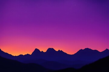 Obraz premium Silhouetted mountains against a neon orange and violet glowing twilight, AI Generated