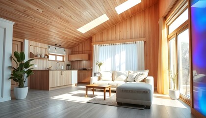 Japandi wooden living room and kitchen with a sloping ceiling and parquet flooring in white and grey tones. Features include a fabric sofa and cabinets, showcasing Japandi Scandinavian style