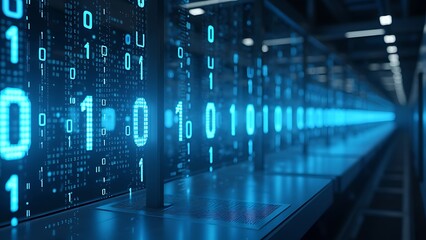 Obraz premium Binary code matrix background, perspective view with depth of field, tech style green illuminated numbers, technology futuristic blue backgrounds