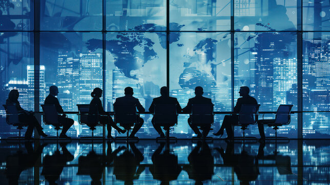 A team of global bankers discussing strategies for international banking, focusing on market trends, foreign exchange, and cross-border investments.