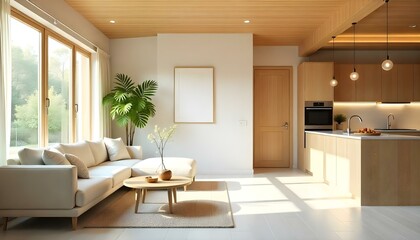 Japandi wooden living room and kitchen with a sloping ceiling and parquet flooring in white and grey tones. Features include a fabric sofa and cabinets, showcasing Japandi Scandinavian style