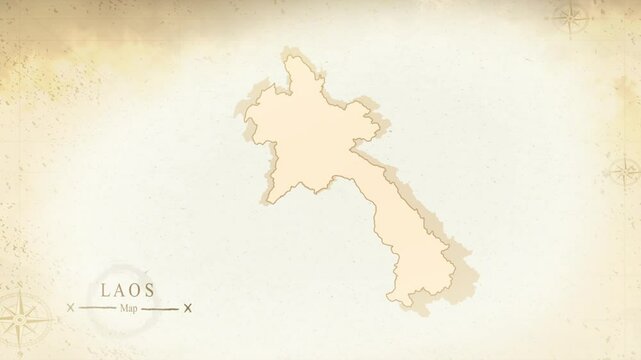 Laos vintage-style map with aged parchment texture on beige background. Perfect for geography, travel, history, southeast asia and decorative design projects. High quality 4K video.