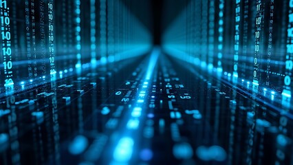 Binary code matrix background, perspective view with depth of field, tech style green illuminated numbers, technology futuristic blue backgrounds
