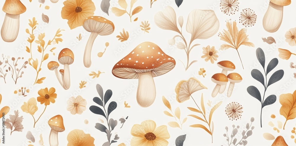 Canvas Prints This autumn decorative seamless pattern features leaves, acorns, acorns, and mushrooms.