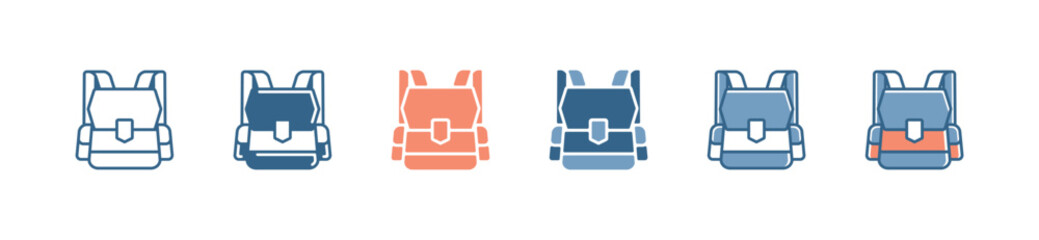 simple casual backpack icon set briefcase for hiking, traveling, school bag signs illustration