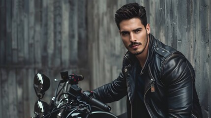 Naklejka premium Captivating Portrait of a Leather Clad Biker Standing Beside His Motorcycle