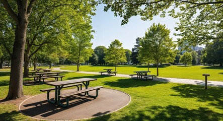 Sunlit park with trees picnic tables and open green space