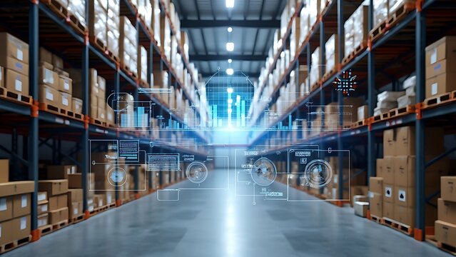 Smart warehouse management system using augmented reality technology to identify package picking and delivery . Future concept of supply chain and logistic business