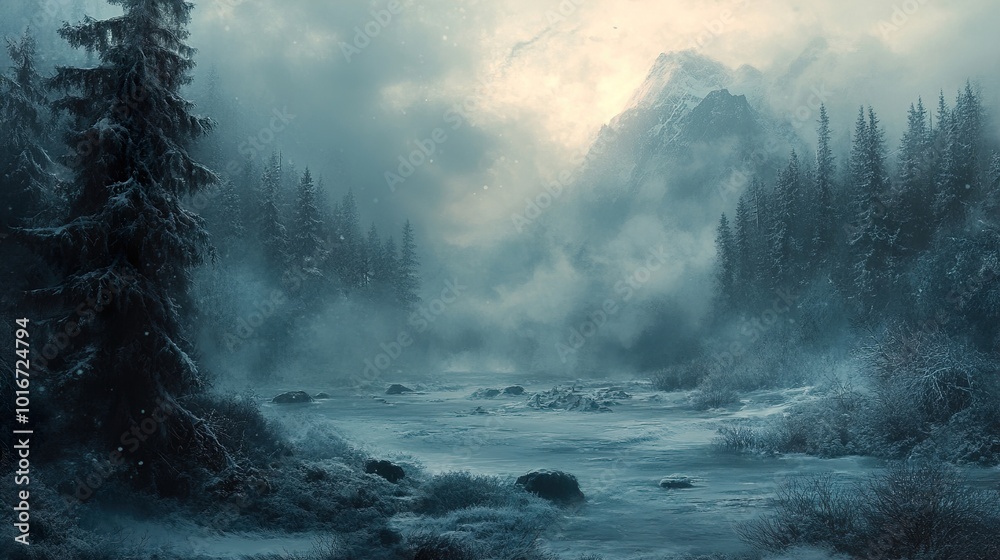 Poster Winter Wonderland: Snowy Forest and Mountain River