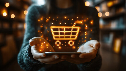 A person holding a smartphone with a glowing, holographic shopping cart icon floating above it, symbolizing e-commerce or online shopping, set against a softly lit background with warm bokeh lights