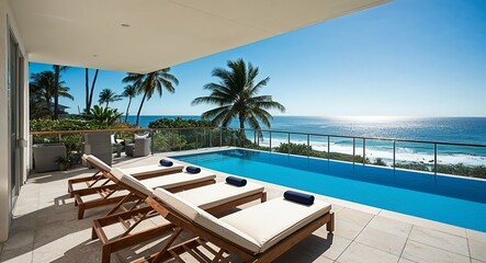 Fototapeta premium Sunny deck with lounge chairs and sparkling ocean view
