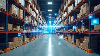 Smart warehouse management system using augmented reality technology to identify package picking and delivery . Future concept of supply chain and logistic business