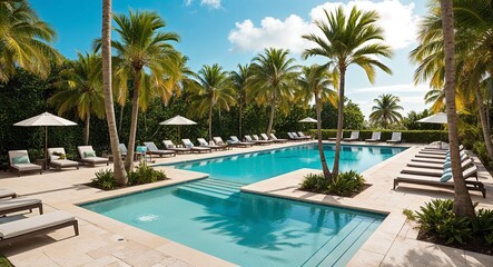 Fototapeta premium Tropical poolside with lounge chairs and palm trees