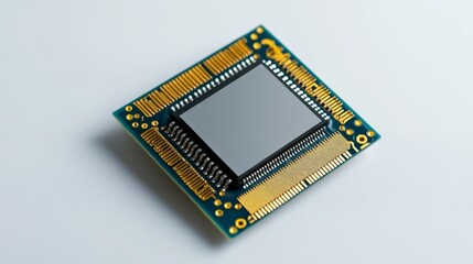Close-up of a microchip on a white background, showcasing intricate circuit design and modern technology suitable for electronic innovation.