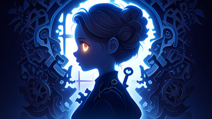 Shadowy illustration of a doll with distorted limbs and glowing eyes.