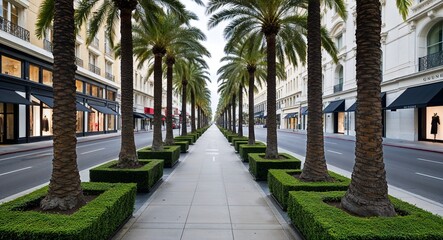 Urban boulevard lined with palm trees and high end stores