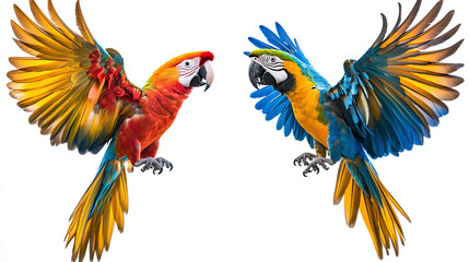 Fototapeta premium Set of colorful flying macaw parrot, isolated on white background 