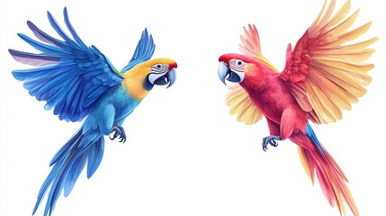 Obraz premium Set of colorful flying macaw parrot, isolated on white background