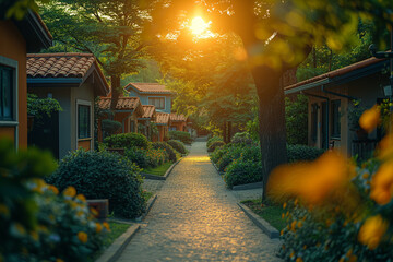 Fototapeta premium Serene Suburban Pathway at Sunset with Cozy Homes and Lush Greenery