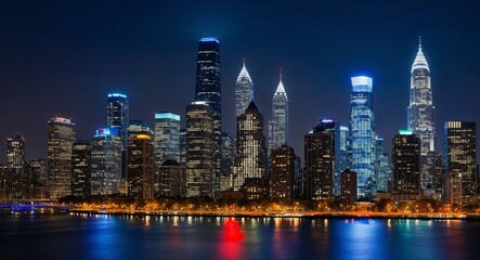 Fototapeta premium Urban skyline at night with illuminated skyscrapers