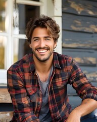 Obraz premium Warm Smile of Handsome Man Sitting on Country House Porch in Casual Plaid Shirt
