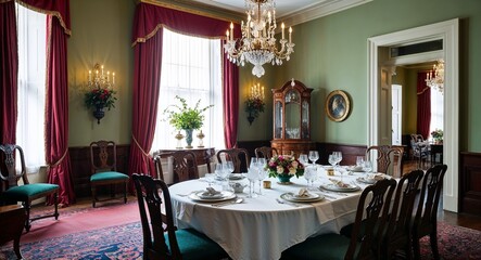 Victorian dining room with high backed chairs and elegant table setting