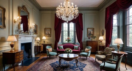 Victorian parlor with grand chandelier and elegant furniture