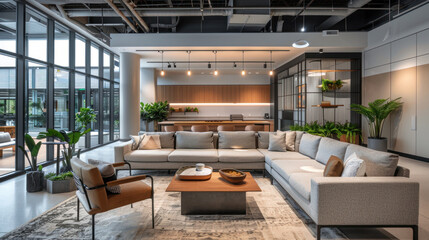 A tech company's workspace with a focus on well-being, offering flexible seating, wellness programs, and eco-friendly design elements.