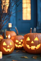 Obraz premium Glowing Halloween pumpkins on a porch with candles and autumn leaves.