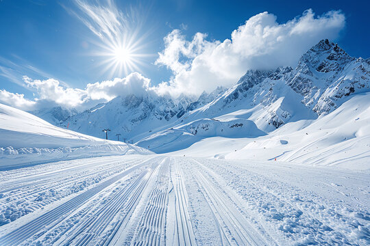Winding mountain road covered in snow leads through stunning winter landscape with majestic peaks under a bright blue sky.