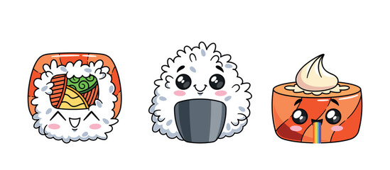 Kawaii Sushi Roll Characters With Happy And Cute Faces. Cartoon Vector Illustration Features Adorable Sushi Rolls