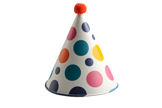 Simple Colorful Polka Dot Birthday Hat with Red Pom Pom on Top, Isolated on Transparent Background