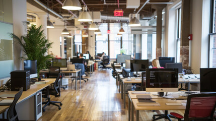 A tech startup's coworking space with open desks, high-speed internet, and tech-forward tools that support agile work processes.